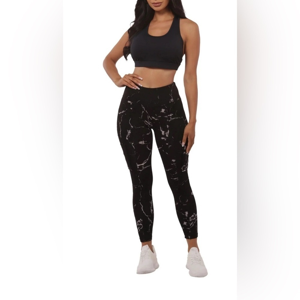 BSP Black Marble High Waist Sports Women's Leggings L